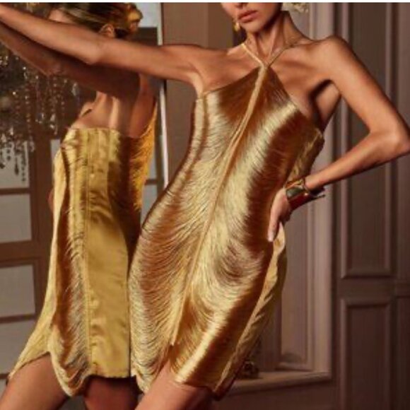 Cult Gaia Mara Draped Silk Fringe Mini Halter Dress - Picture 1 of 13